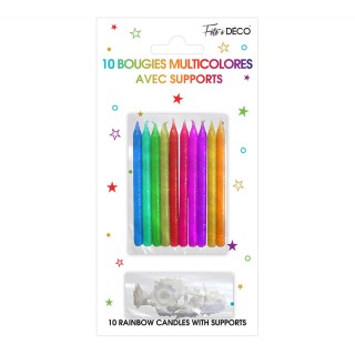 10 Bougies pailletées multico avec support