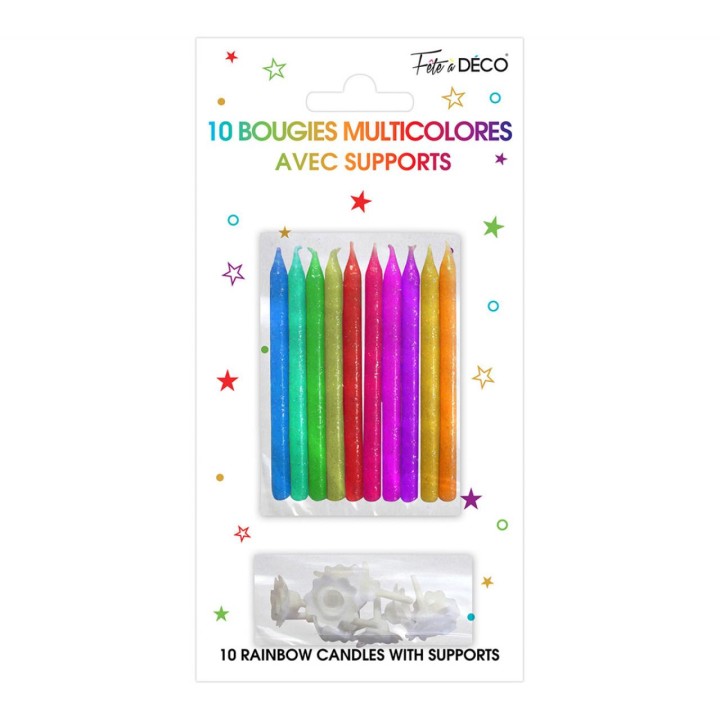 10 Bougies pailletées multico avec support