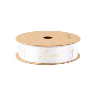 Ruban satin blanc baptême croix or