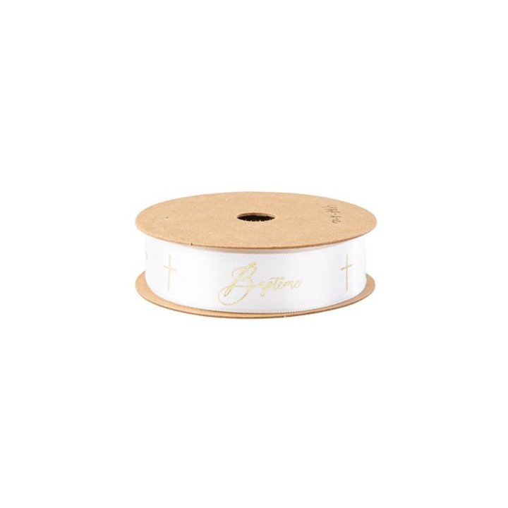 Ruban satin blanc baptême croix or