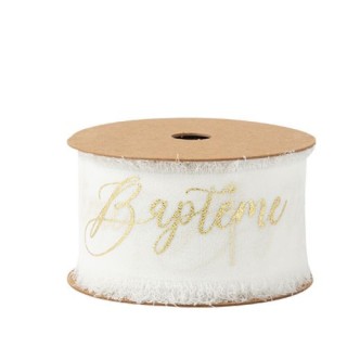 Ruban mousseline effiloché blanc baptême or