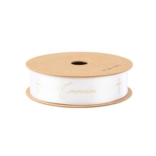 Ruban satin blanc communion croix or