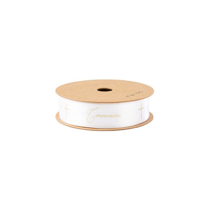 Ruban satin blanc communion croix or