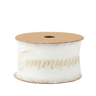 Ruban mousseline effiloché blanc communion or