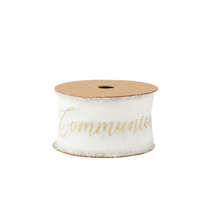 Ruban mousseline effiloché blanc communion or
