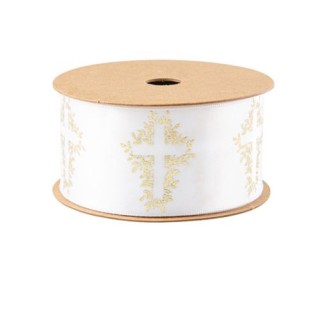 Ruban satin blanc croix or