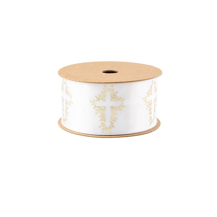 Ruban satin blanc croix or
