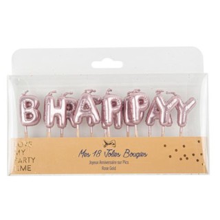 Bougie Joyeux anniversaire ballon mylar rose gold
