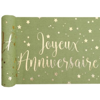 Chemin de table joyeux anniversaire olive et or