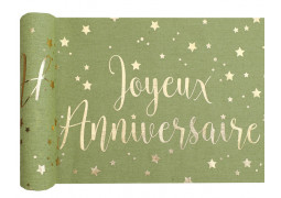 Chemin de table joyeux anniversaire olive et or