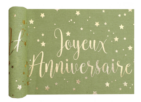 Chemin de table joyeux anniversaire olive et or