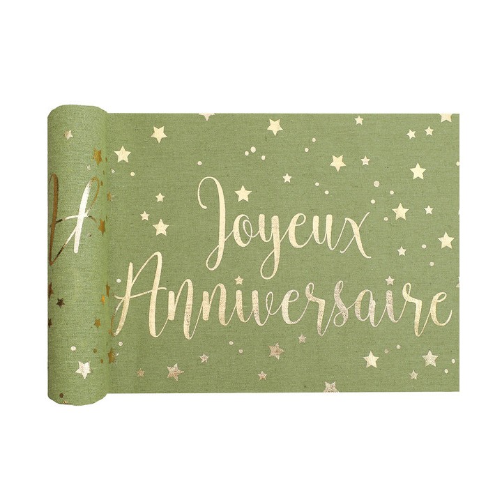 Chemin de table joyeux anniversaire olive et or