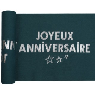 Chemin de table joyeux anniversaire star d'un jour bleu canard/argent