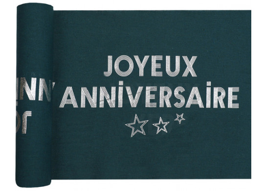 Chemin de table joyeux anniversaire star d'un jour bleu canard/argent