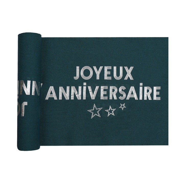 Chemin de table joyeux anniversaire star d'un jour bleu canard/argent