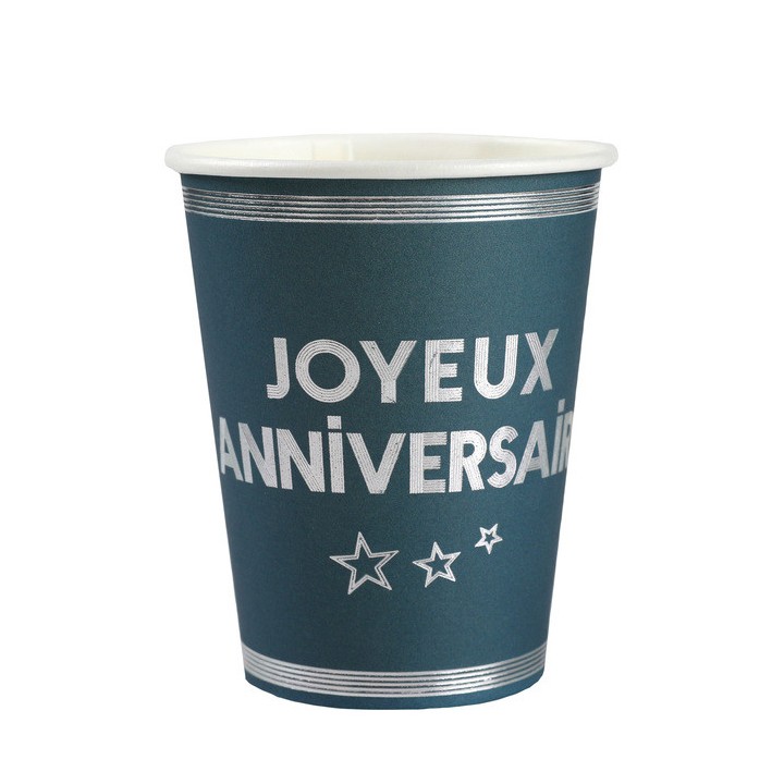 10 gobelets anniversaire star d'un jour bleu canard/argent