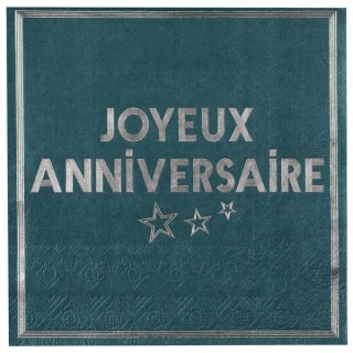 20 serviettes anniversaire star d'un jour bleu canard/argent