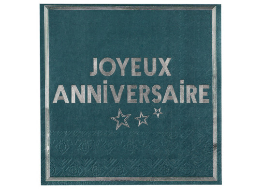 20 serviettes anniversaire star d'un jour bleu canard/argent