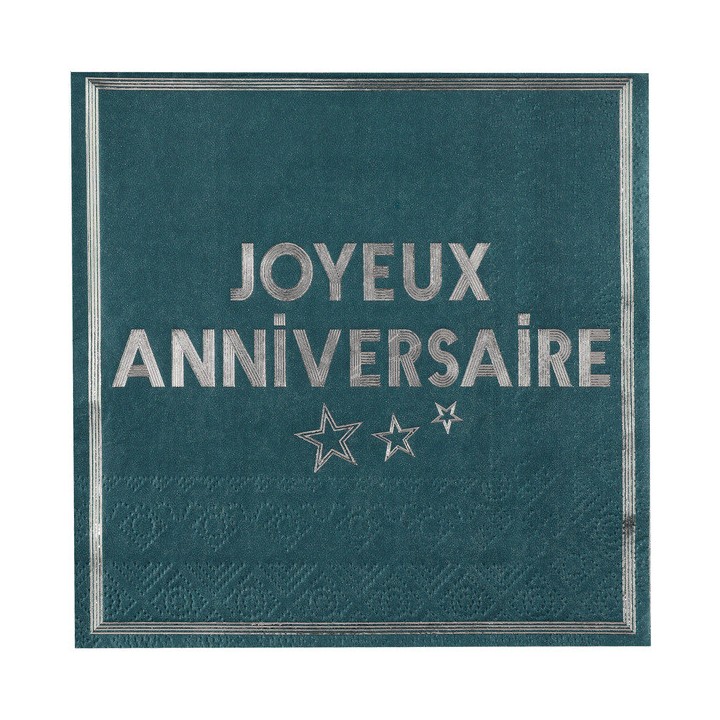 20 serviettes anniversaire star d'un jour bleu canard/argent