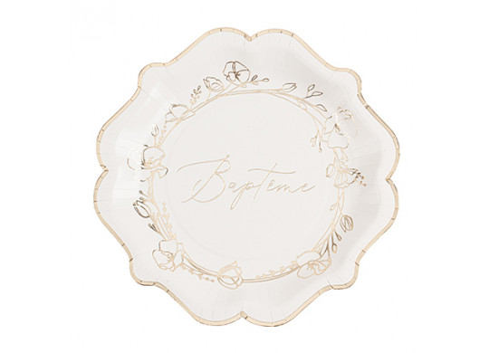 Assiettes bapteme creme rond or x8