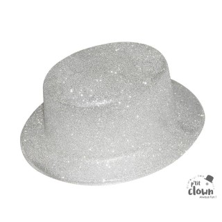 Chapeau plastique haut de forme paillete argent