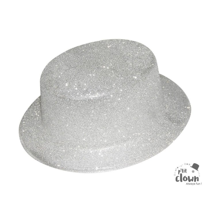 Chapeau plastique haut de forme paillete argent