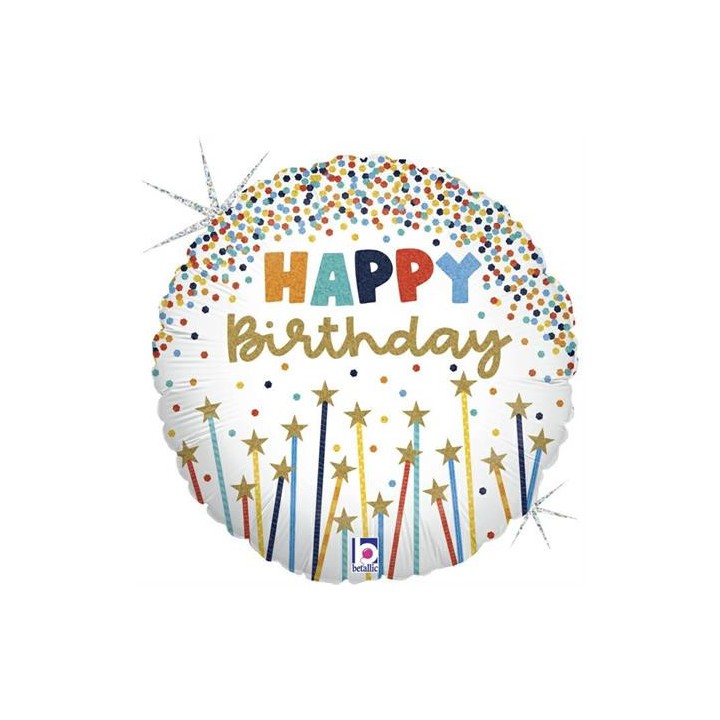 Ballon aluminium rond Happy birthday et étoiles
