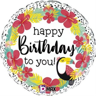 Ballon aluminium rond happy birthday toucan tropical