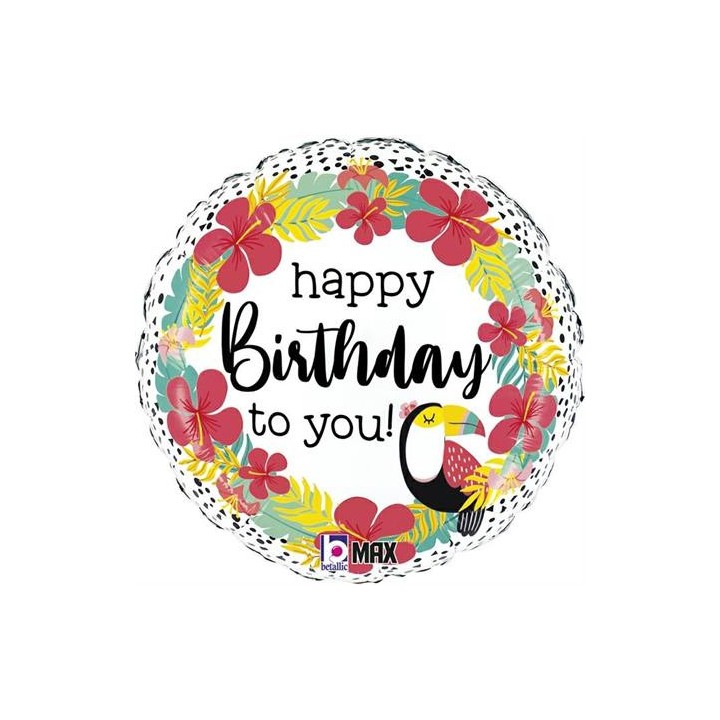 Ballon aluminium rond happy birthday toucan tropical