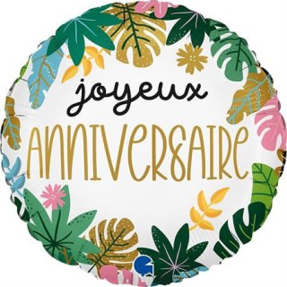 Ballon aluminium rond joyeux anniversaire tropical