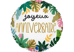 Ballon aluminium rond joyeux anniversaire tropical