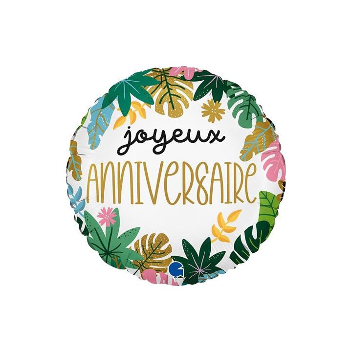 Ballon aluminium rond joyeux anniversaire tropical