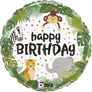 Ballon aluminium rond happy birthday jungle enfant