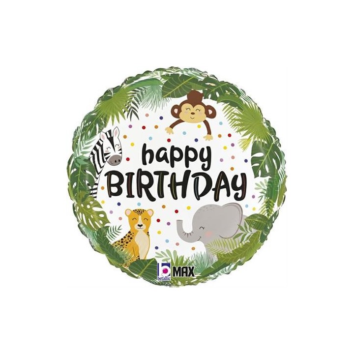 Ballon aluminium rond happy birthday jungle enfant