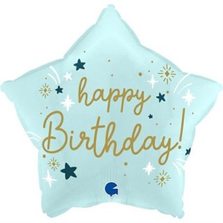 Ballon aluminium forme etoile bleue clair happy birthday