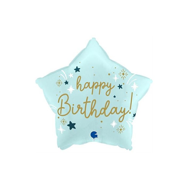 Ballon aluminium forme etoile bleue clair happy birthday