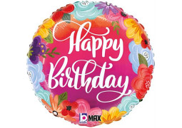 Ballon aluminium rond happy birthday fleur colore