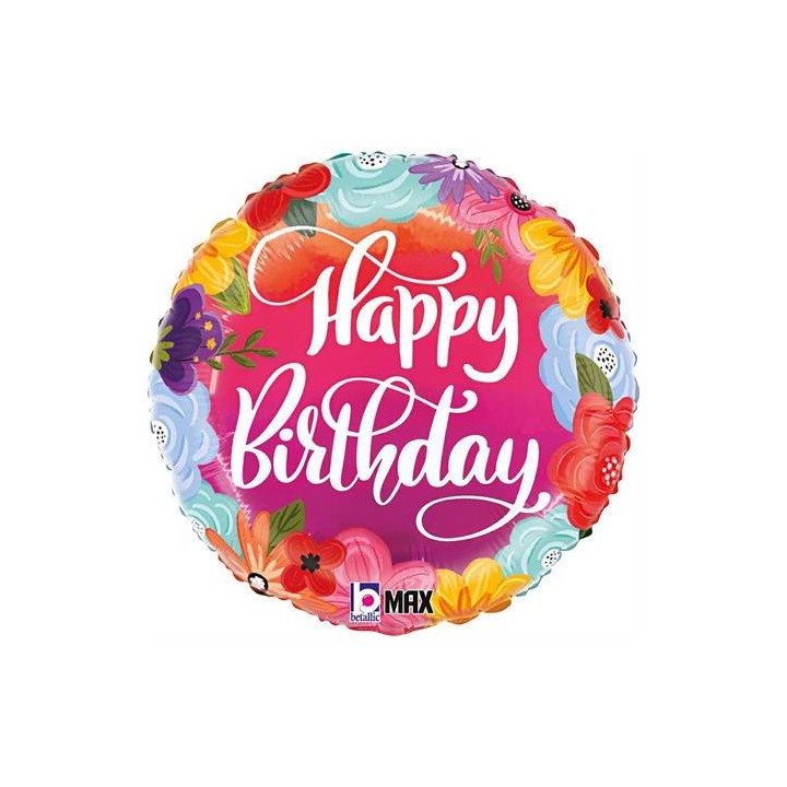 Ballon aluminium rond happy birthday fleur colore