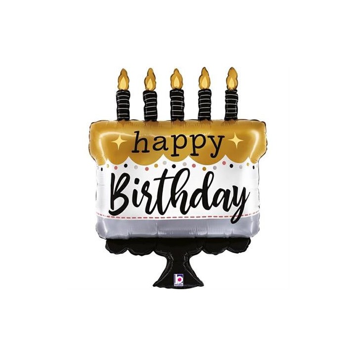 Ballon aluminium forme gateau happy birthday noir/or