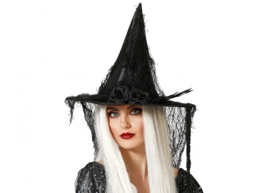 Chapeau sorcière noir rose et voile