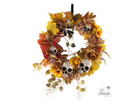 Couronne porte Halloween crâne et fleur orange