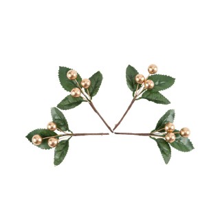 Mini branche feuille et baie or x4