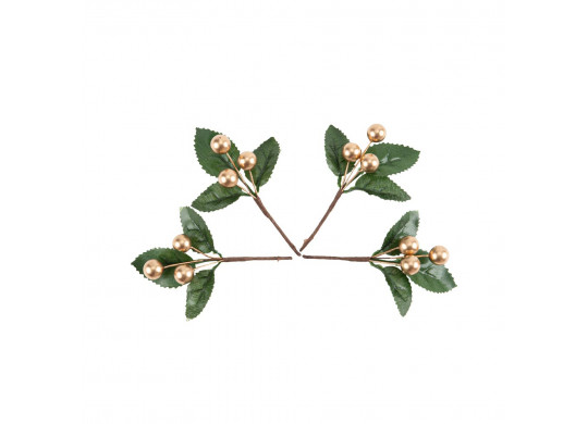 Mini branche feuille et baie or x4