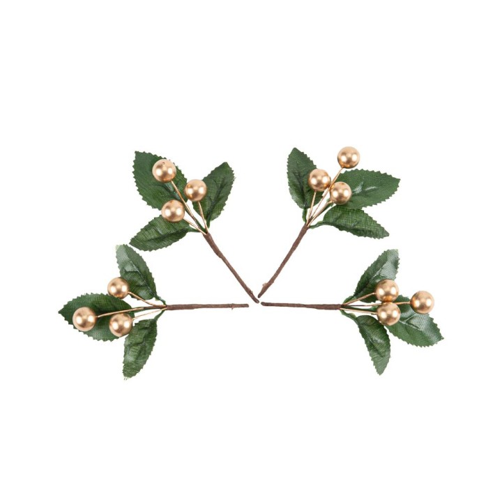 Mini branche feuille et baie or x4