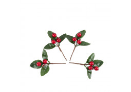 Mini branche feuille et baie rouge x4