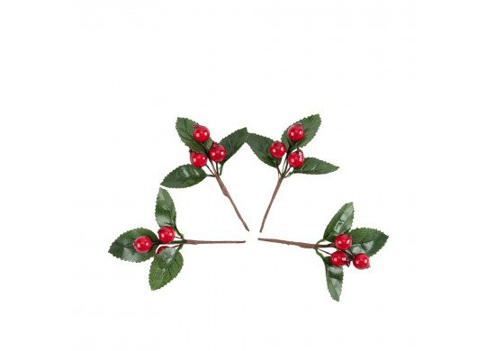 Mini branche feuille et baie rouge x4