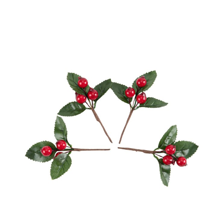Mini branche feuille et baie rouge x4