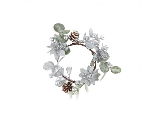 Couronne feuillage/baie/poinsettia argent