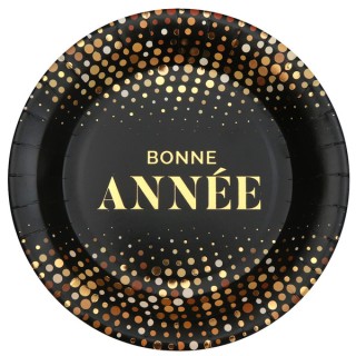 10 Assiettes Bonne année golden noir pois or