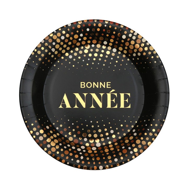 10 Assiettes Bonne année golden noir pois or